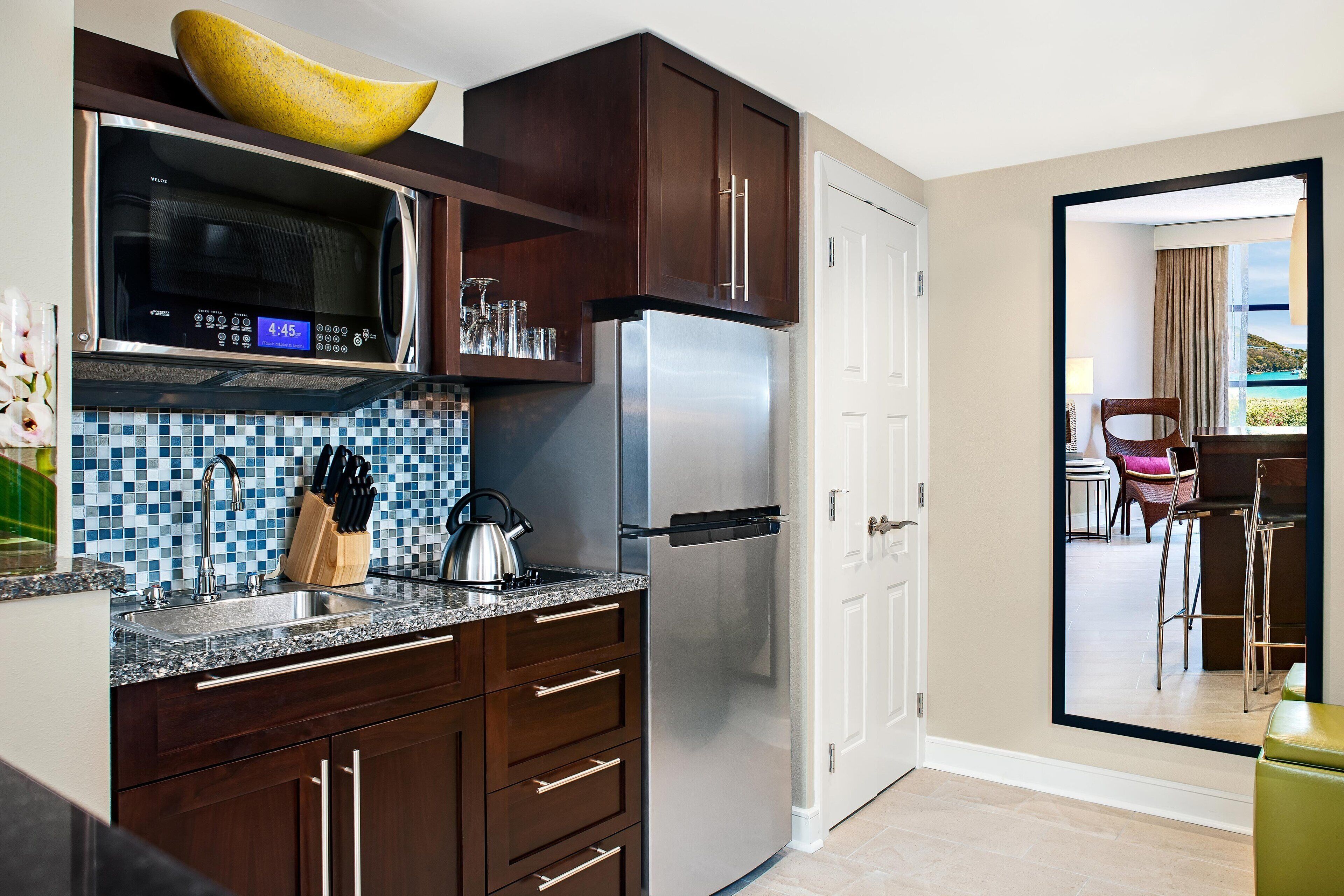 fridge, microwave, dishwasher, coffee/tea maker