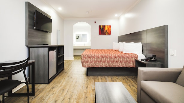 A compact hotel room with a bed, a desk, a chair, a TV mounted on the wall, and a painting on the wall. - Palace Inn Fairbanks (Houston)