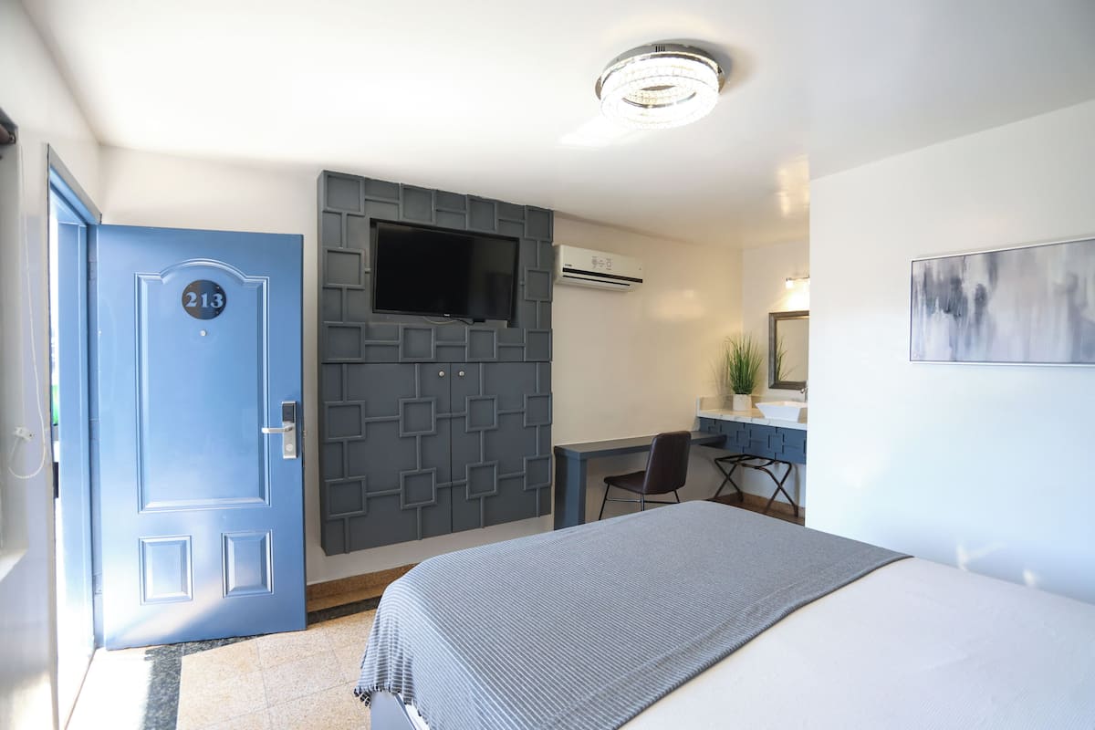 A modern hotel room with a blue door marked 213, a bed with a grey blanket, a desk with a chair, a flat-screen TV, and a small potted plant.