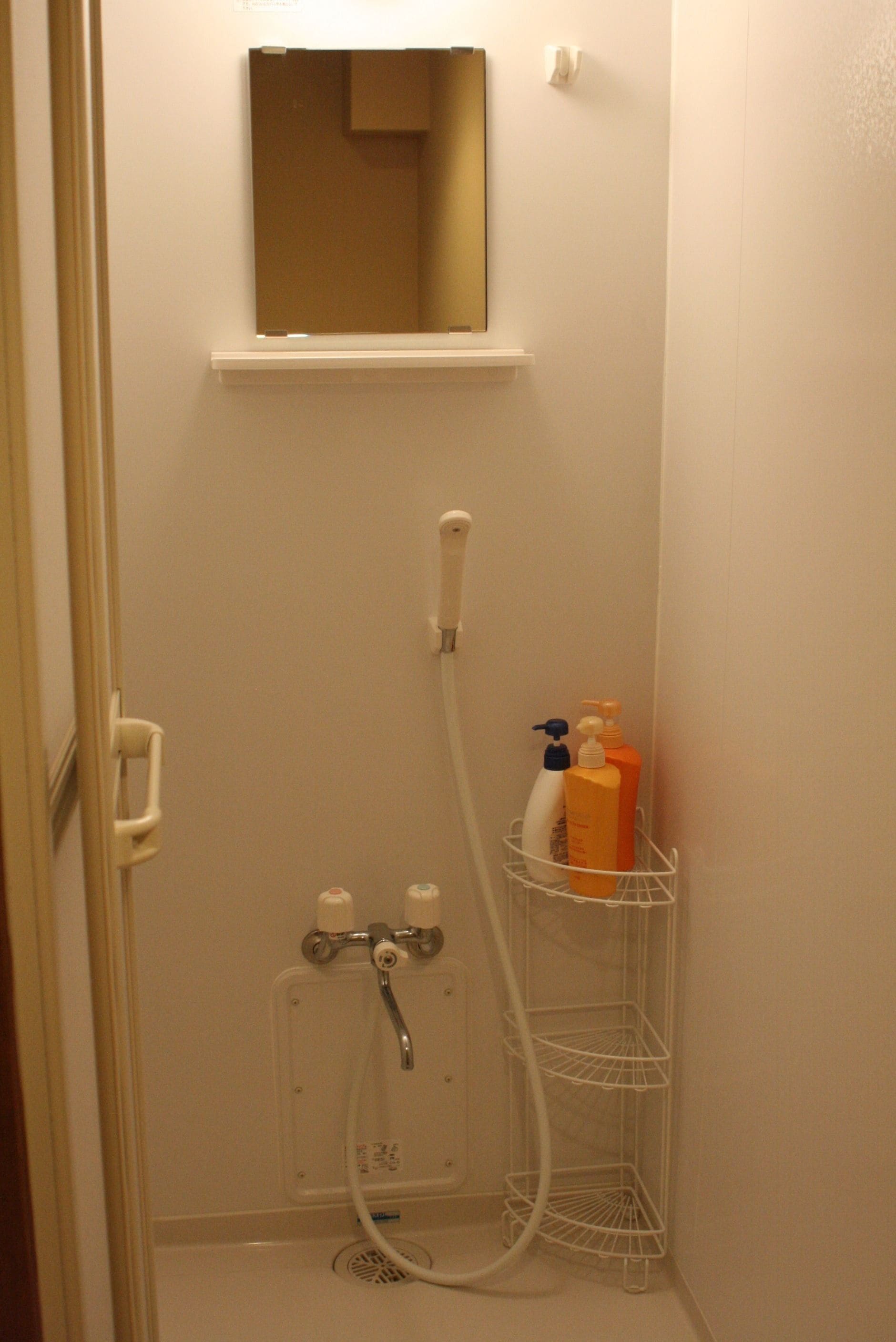 A bathroom with a shower, a mirror, and a shelf with toiletries.