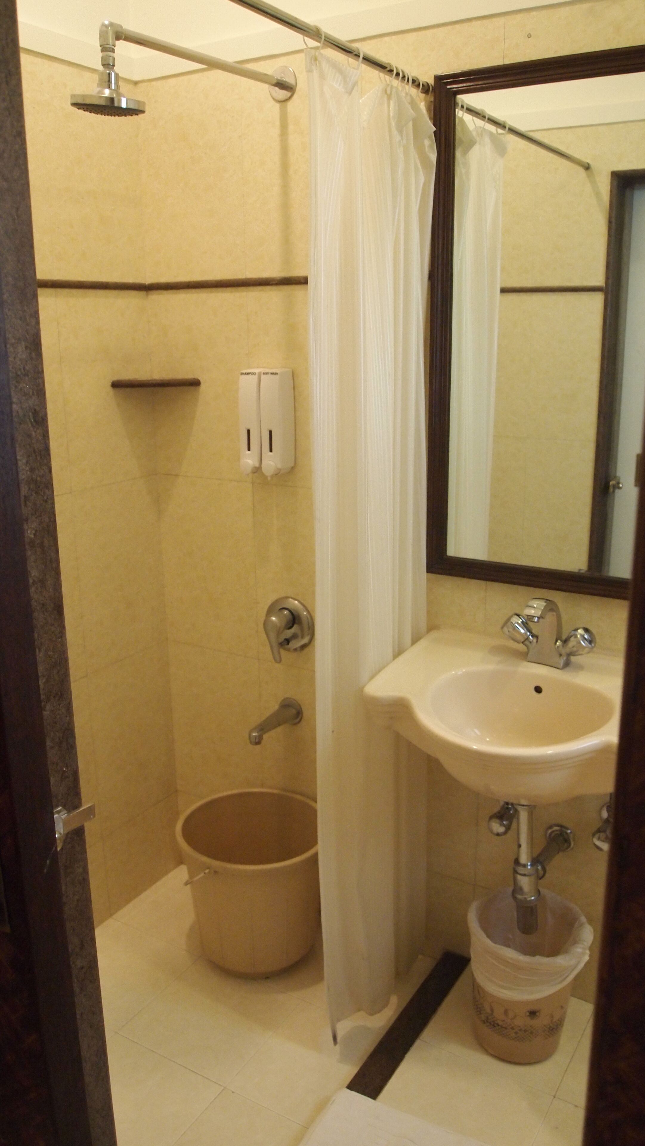 A bathroom with a shower, a sink, a toilet, and a bucket.