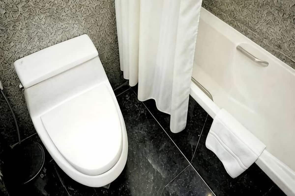 A bathroom with a toilet, bathtub, and shower curtain.