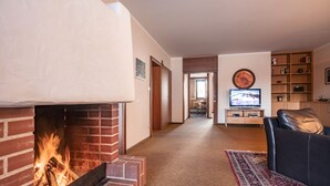 A living room with a brick fireplace, a black leather sofa, a television, and a bookshelf. - Aparthotel Andreas Hofer (Kufstein)