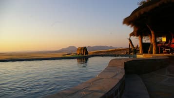 Una piscina al aire libre, sillones reclinables de piscina