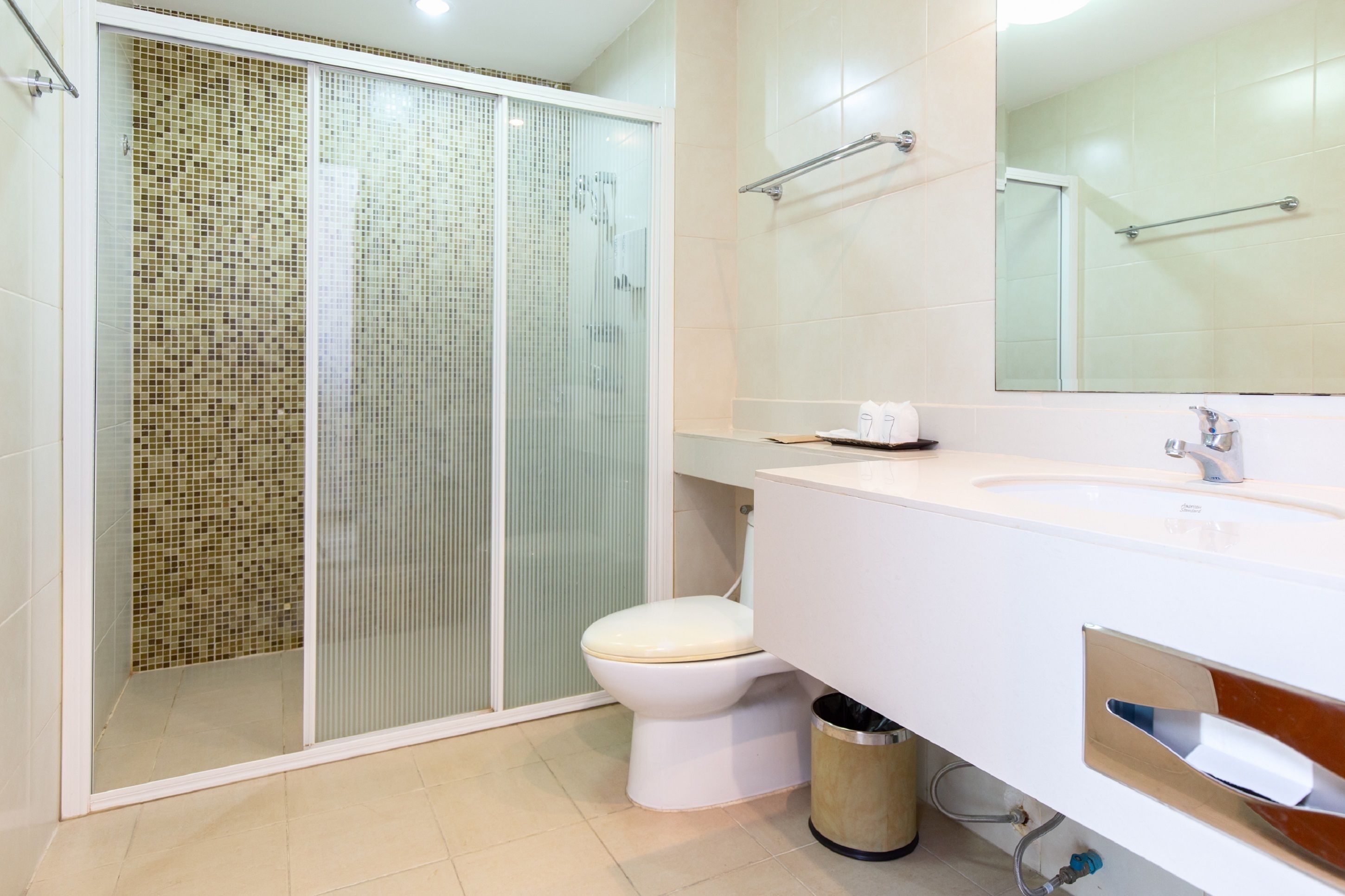 A modern bathroom with a glass-enclosed shower, a white toilet, and a large mirror above a white sink.