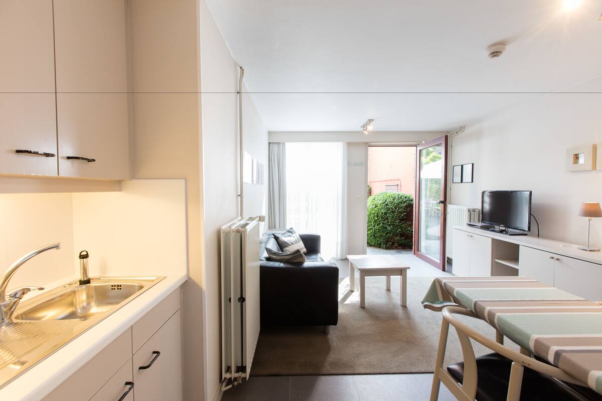 A compact kitchen with a sink, cabinets, and a radiator. There is a small seating area with a sofa and a table. A television is mounted on the wall.