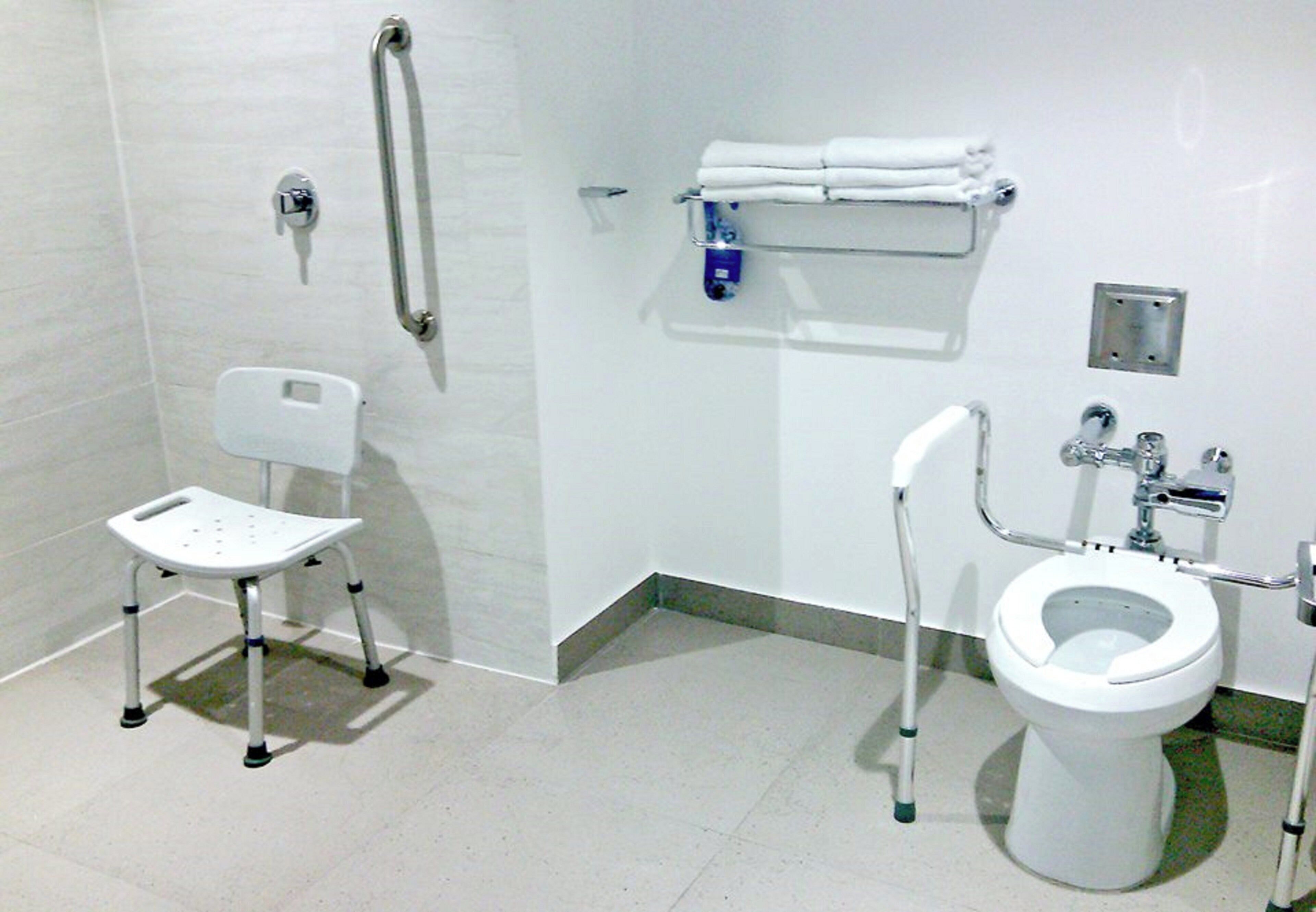 Ein Badezimmer mit barrierefreier Dusche, einem WC mit Haltestange und einem Handtuchhalter.