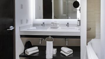 Rainfall showerhead, hair dryer, towels, soap