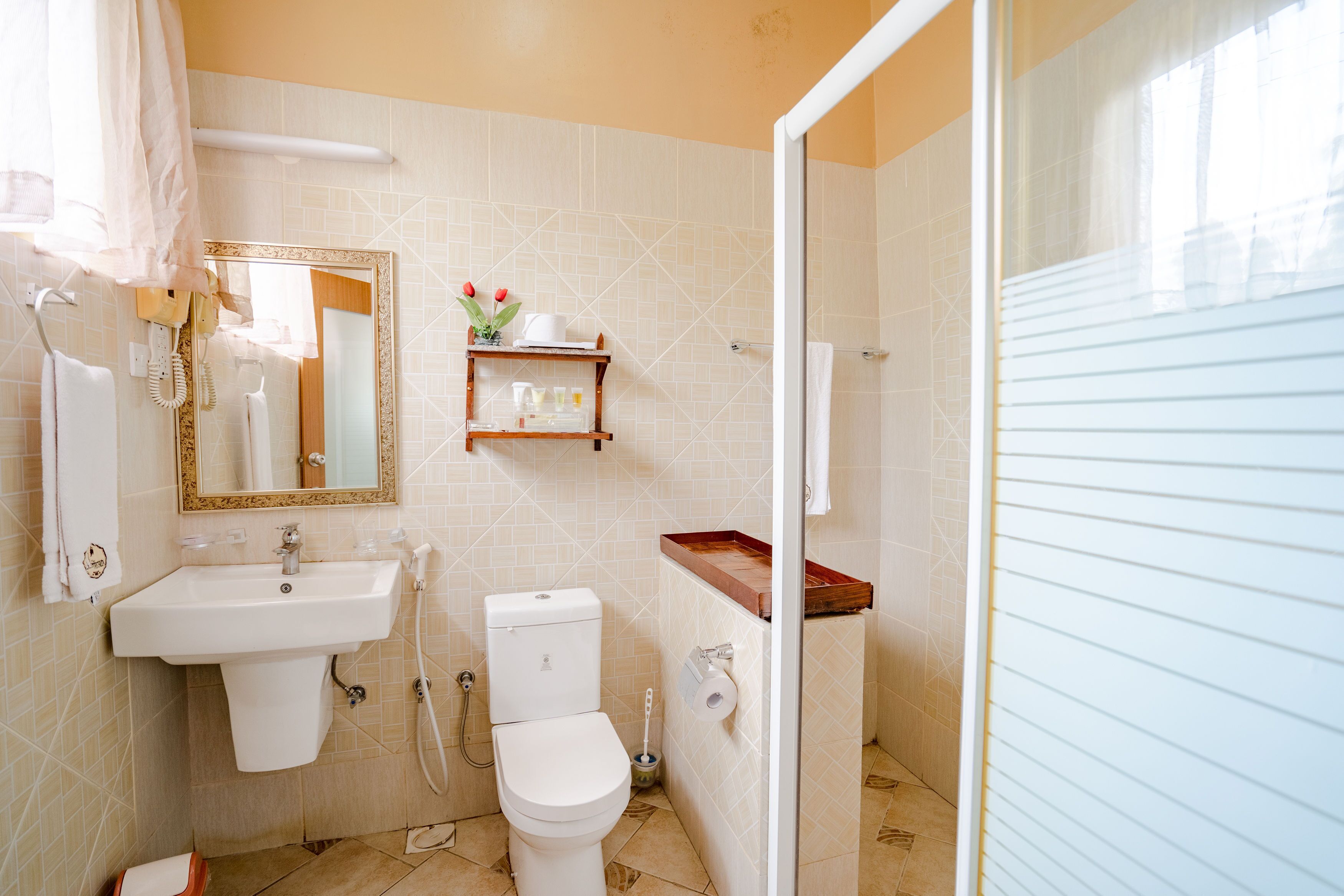 shower, rainfall showerhead, free toiletries, hair dryer