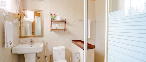 Une salle de bain équipée d’un lavabo, de toilettes et d’une douche. On y trouve un miroir, un porte-serviettes et une étagère avec des articles de toilette.