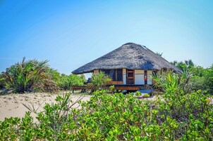 A thatched-roof bungalow with a wooden deck and a small pool, surrounded by tropical vegetation.