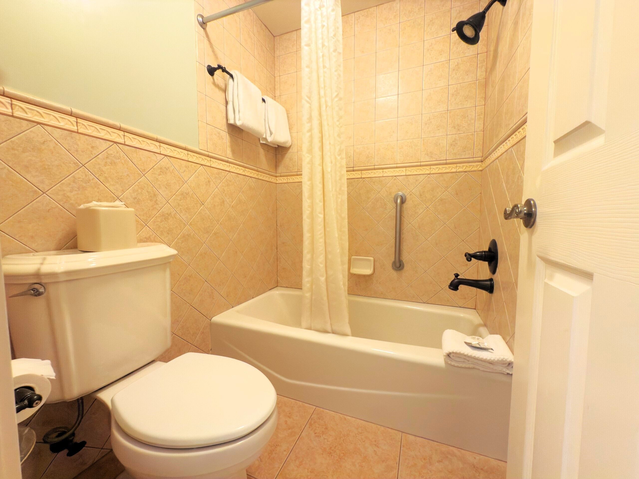 A bathroom with a toilet, bathtub, and shower curtain.