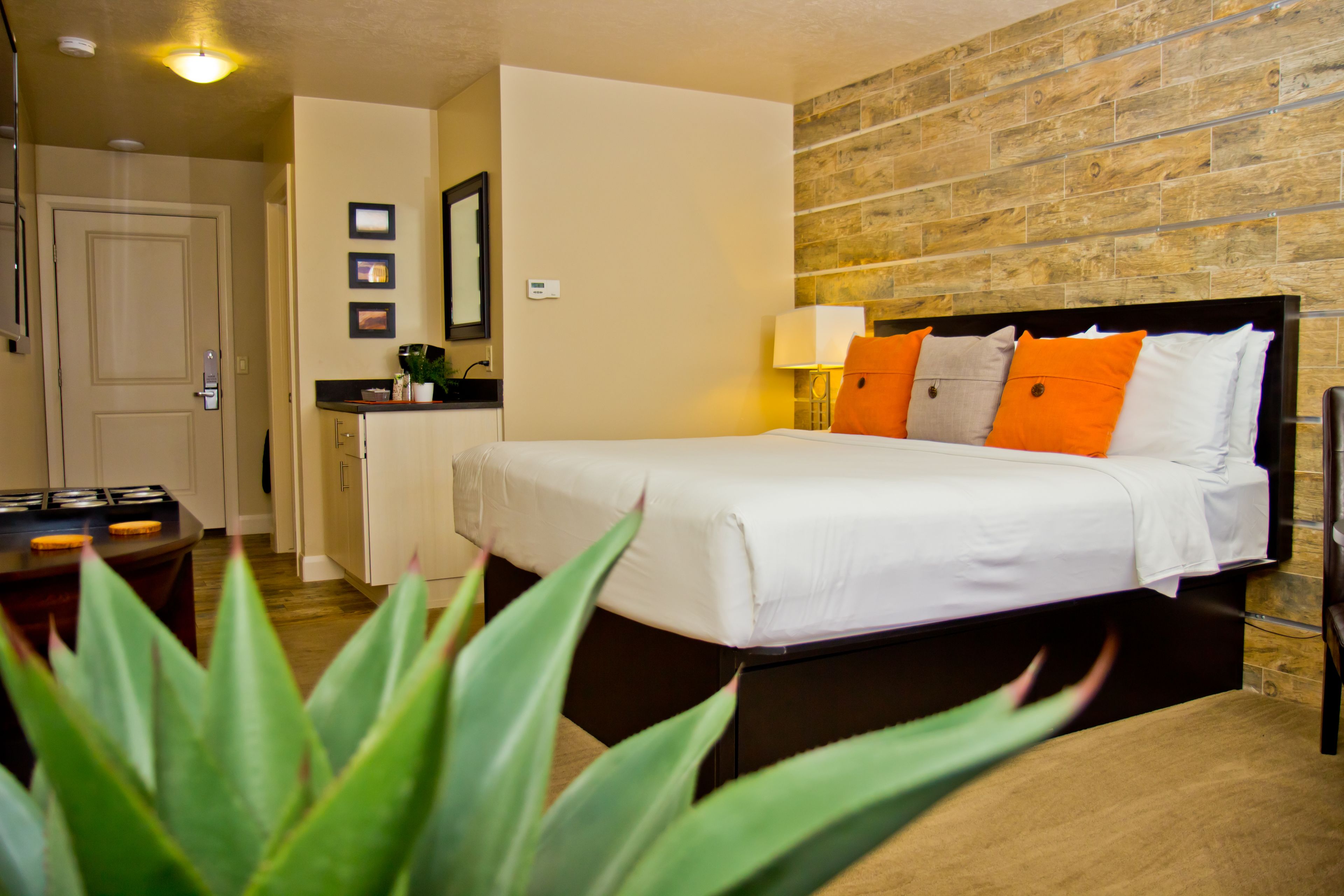 Een hotelkamer met een bed, bureau, stoel, lamp en een potplant.