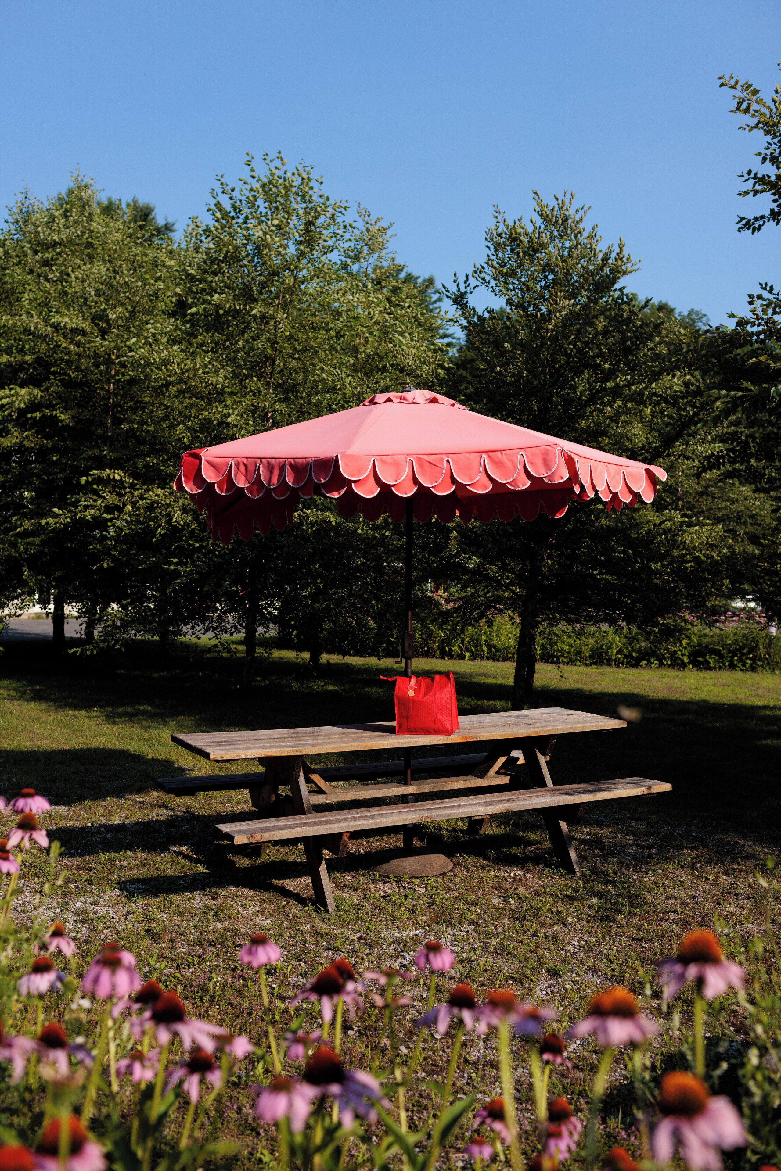 A picnic table with a red umbrella in a park.