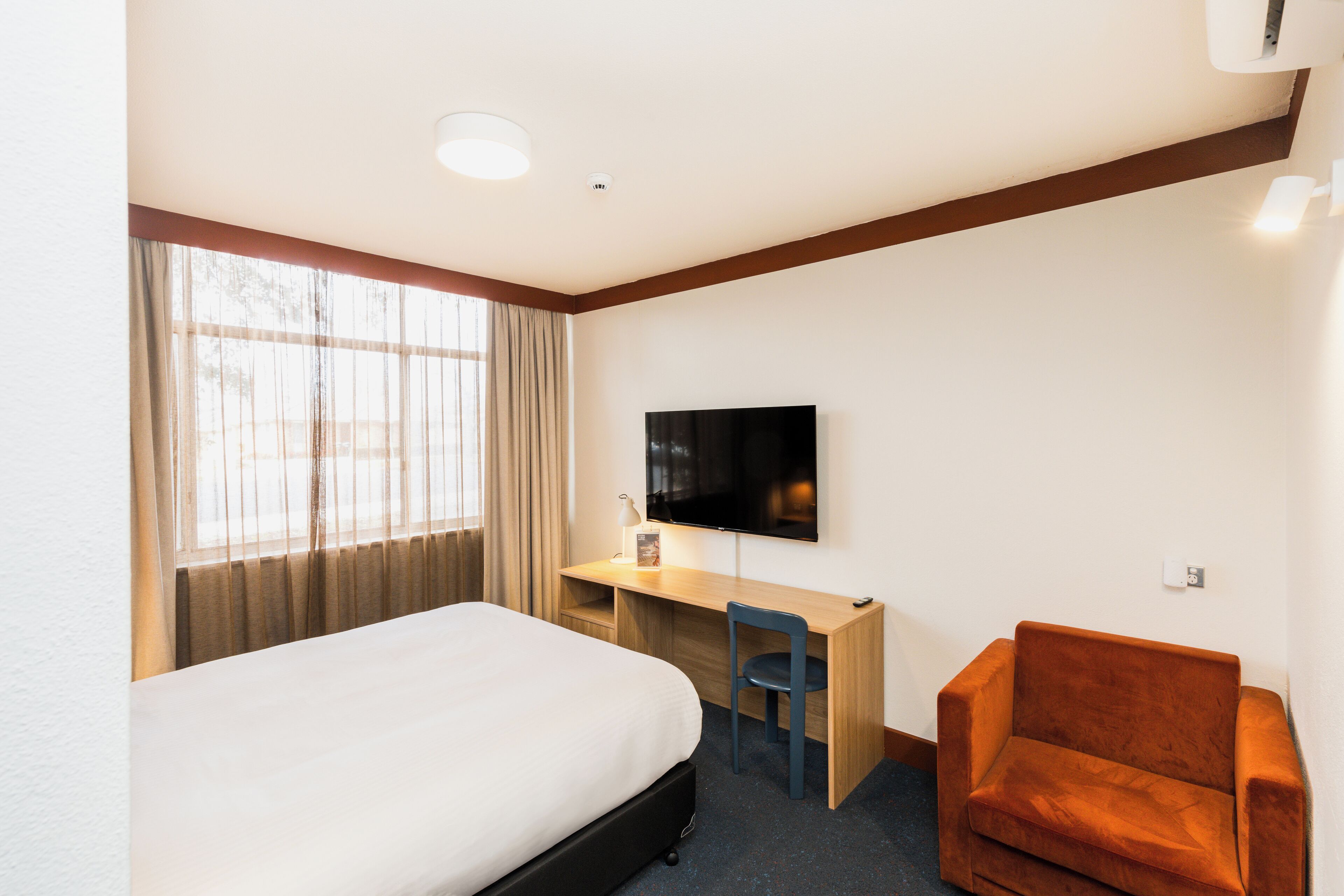 A hotel room with a bed, a desk with a chair, a TV, and a sofa.