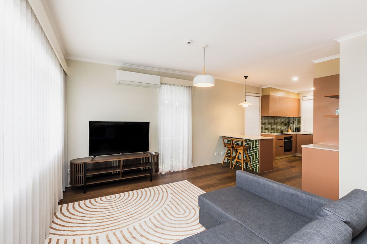 cabinet queen & sofa | 1 bedroom, desk, blackout curtains, soundproofing