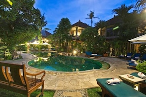 Outdoor pool, open 7:00 AM to 7:00 PM, pool umbrellas, sun loungers