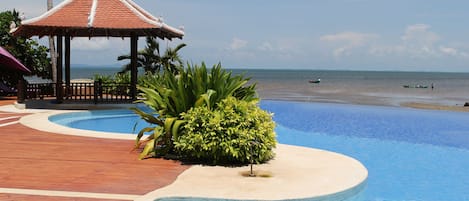 Outdoor pool, pool umbrellas, sun loungers