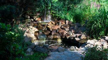Un jardín con una pequeña cascada, rodeado de rocas y abundante vegetación.