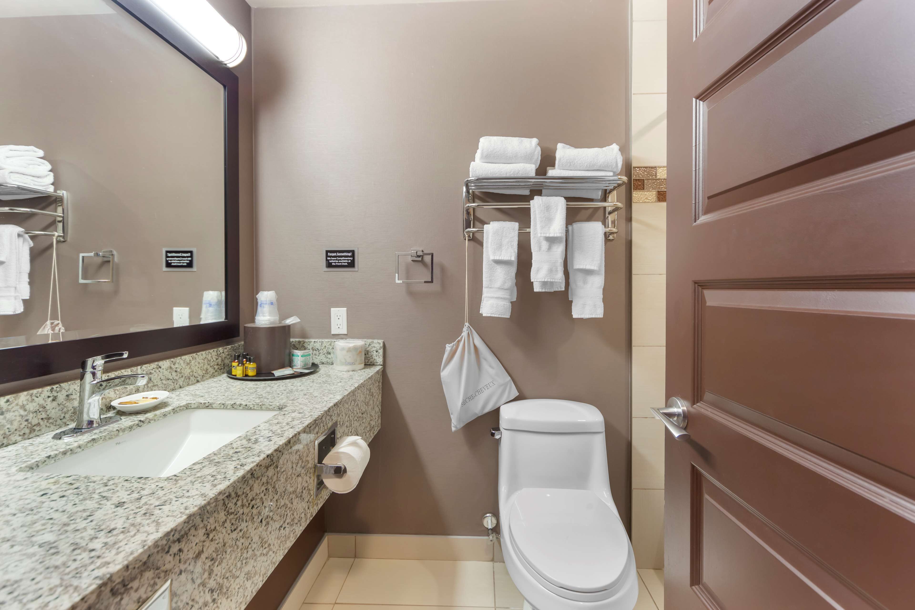 combined shower/bathtub, free toiletries, hair dryer, towels