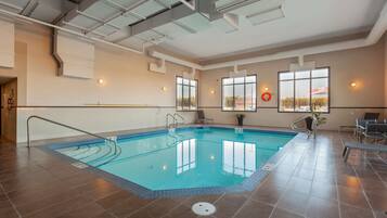 Indoor pool, open 10:00 AM to 10:00 PM, sun loungers