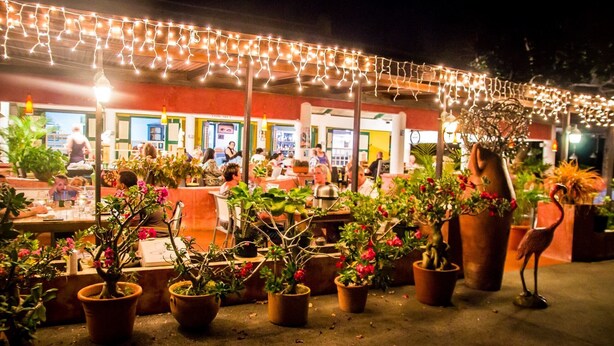 An outdoor dining area with potted plants and string lights. - Landhuis Daniel Hotel (Daniel)