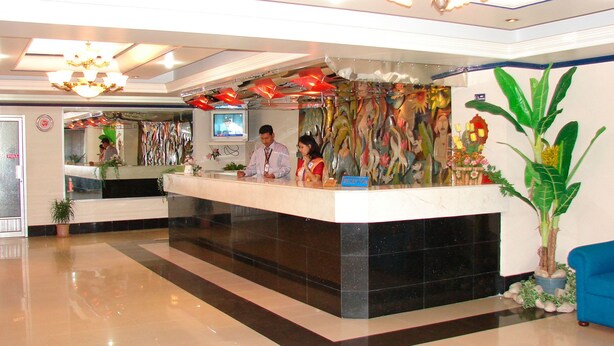 Zona de recepción de un hotel, con mostrador, televisor y una planta grande.