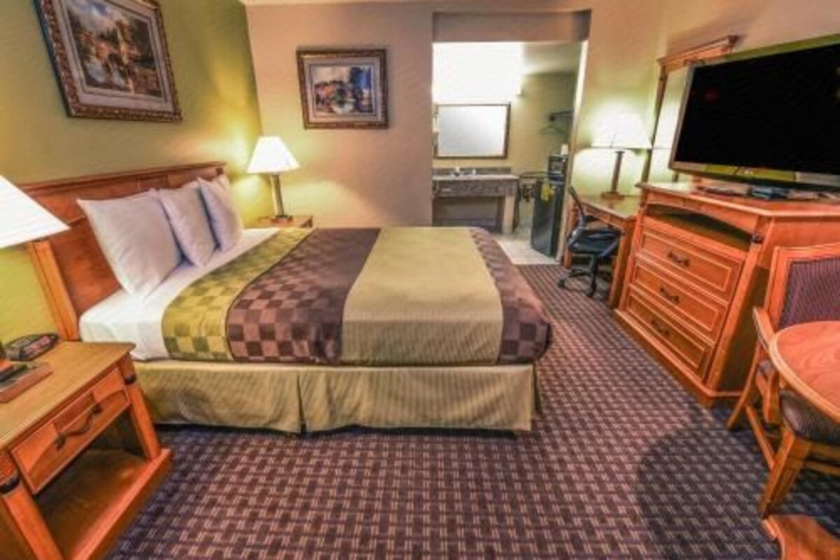 Quarto de hotel com cama, escrivaninha, televisão e cadeira.