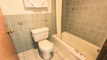 A bathroom with a toilet, a bathtub, and a shower curtain.