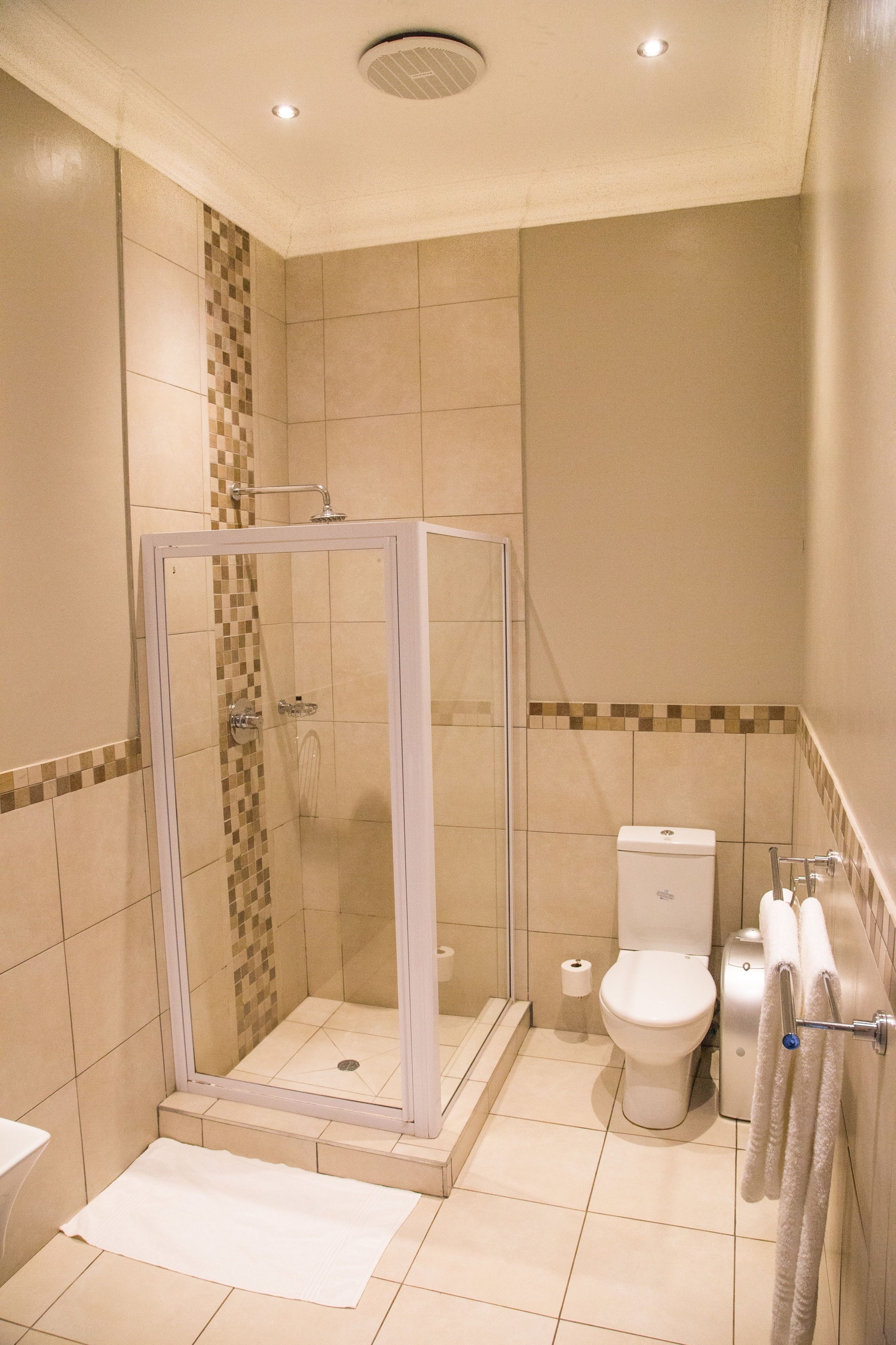 Een badkamer met een douche met glazen wand, een toilet en een handdoekrek.