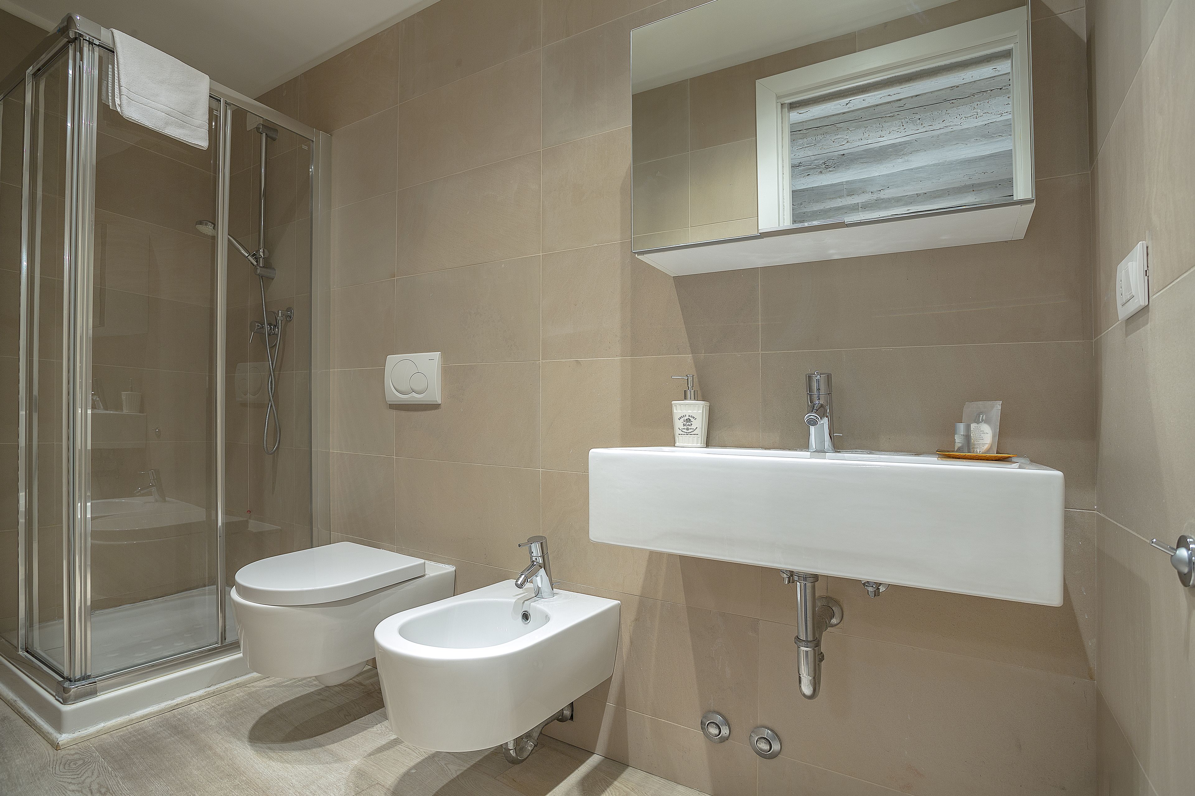 Une salle de bain moderne dotée d’une douche à parois de verre, d’un bidet et d’un grand lavabo avec un miroir au-dessus.