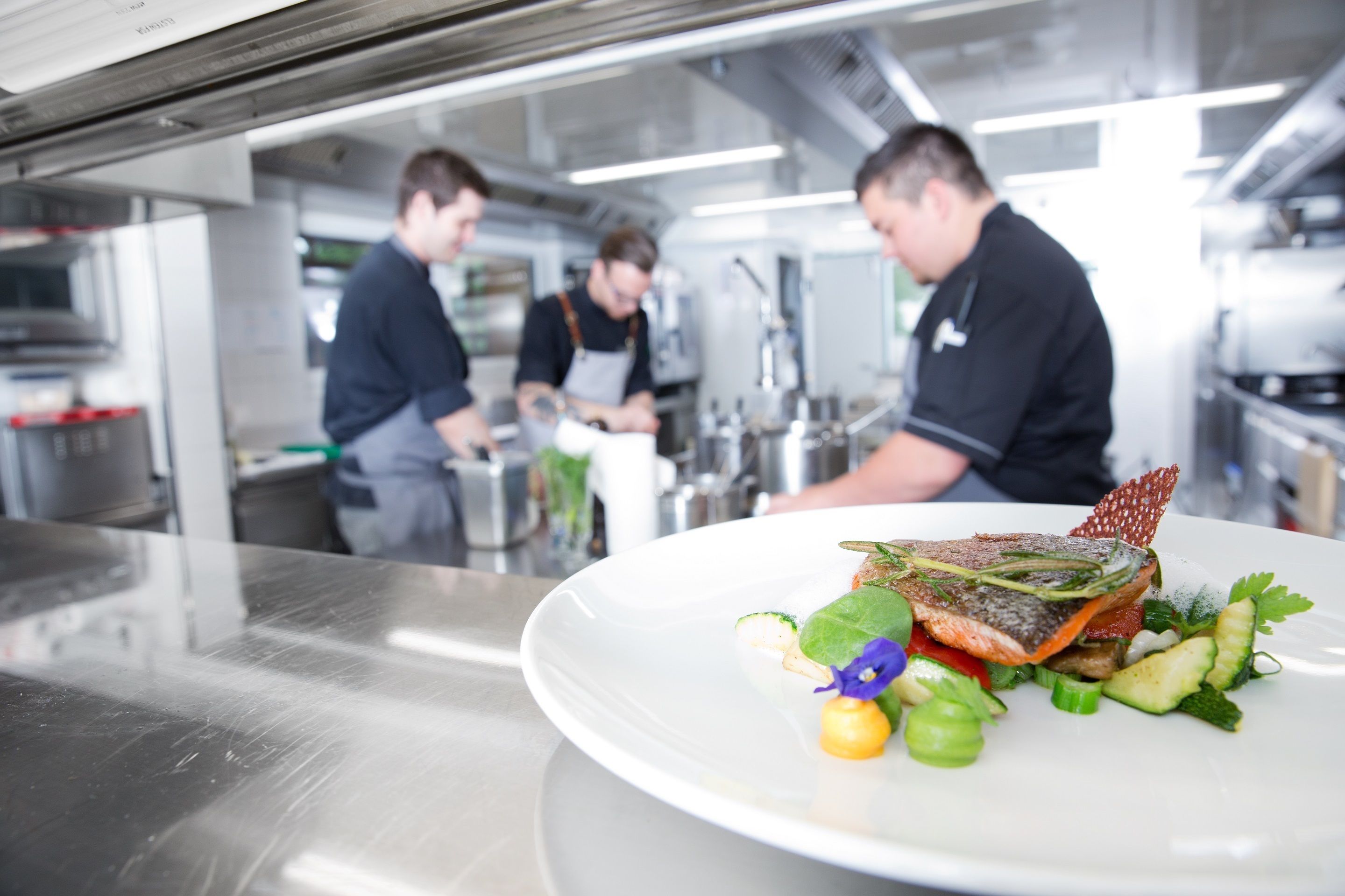 Una cocina moderna con superficies de acero inoxidable y chefs profesionales preparando alimentos.