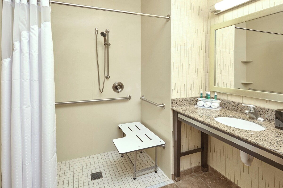 Une salle de bain équipée d’une douche, d’une barre d’appui, d’un lavabo et d’un miroir.
