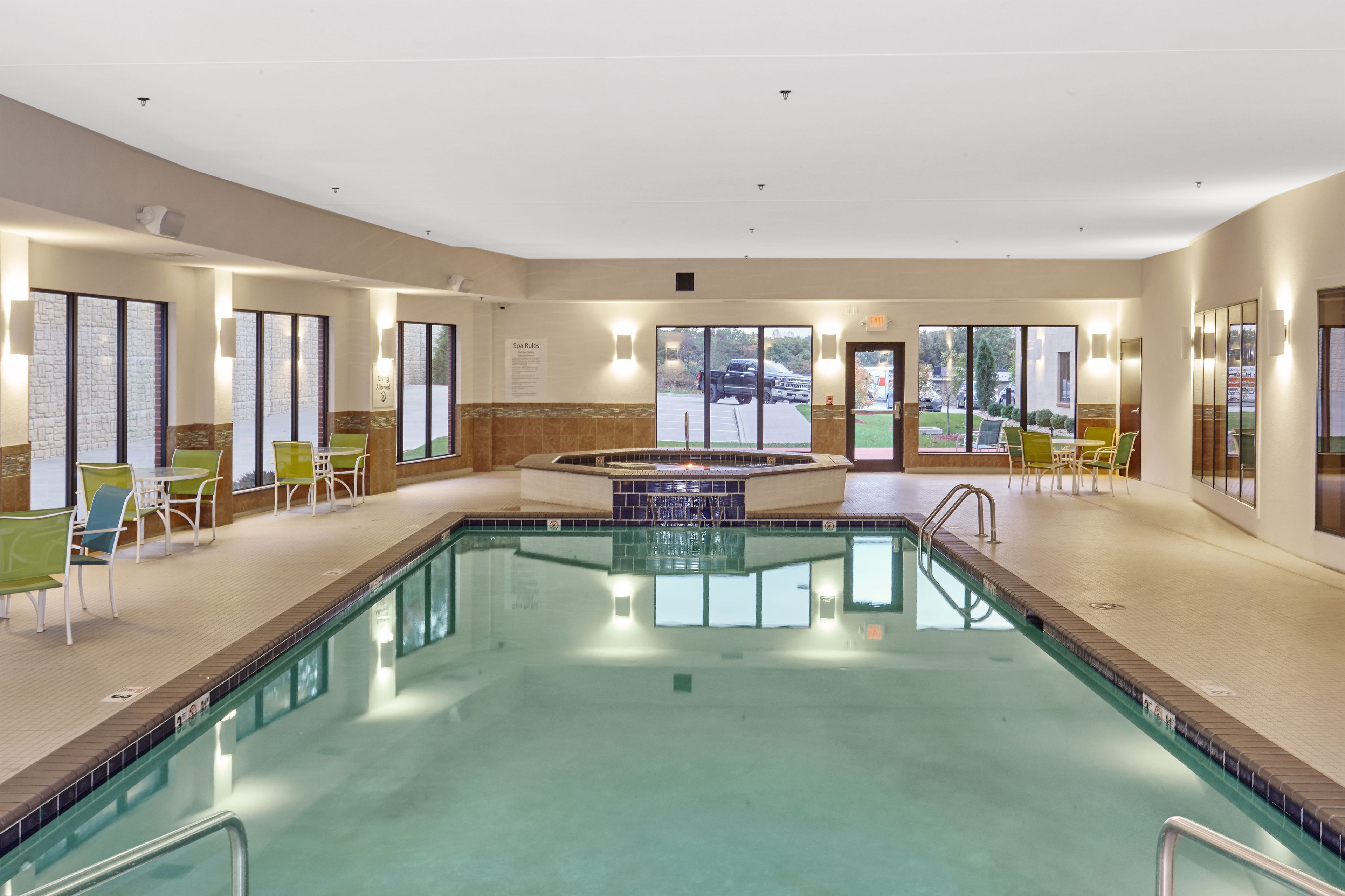 indoor pool, pool loungers