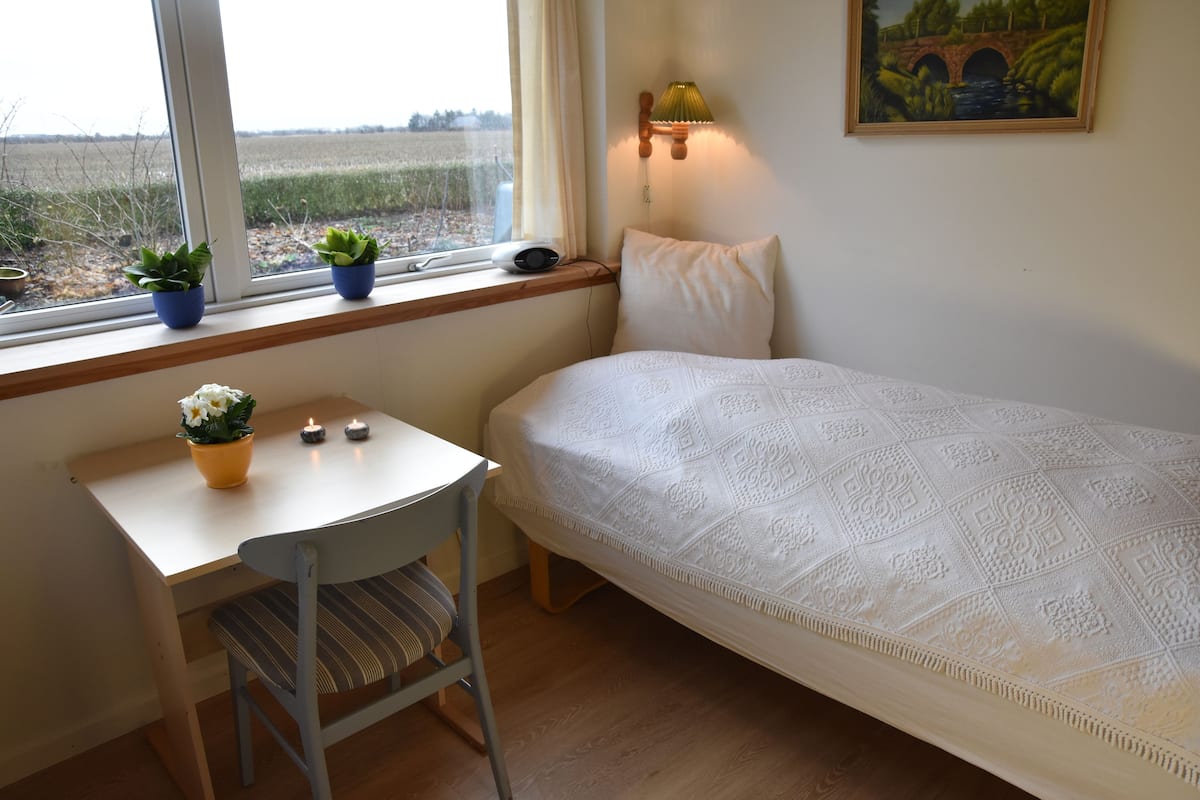 Ein Schlafzimmer mit einem Einzelbett, einem kleinen Schreibtisch mit Stuhl, einem Fenster mit Pflanzen und einem Bild an der Wand.
