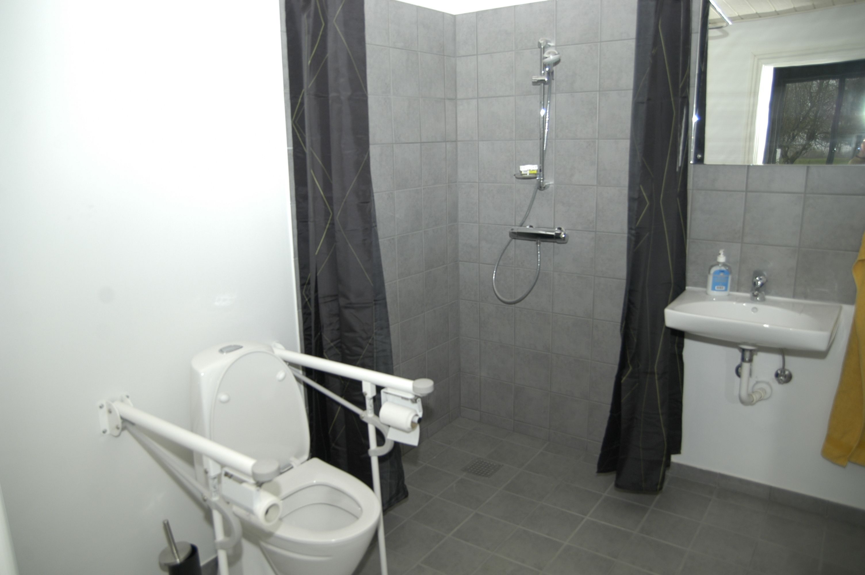Baño con inodoro accesible para sillas de ruedas, ducha y lavamanos.