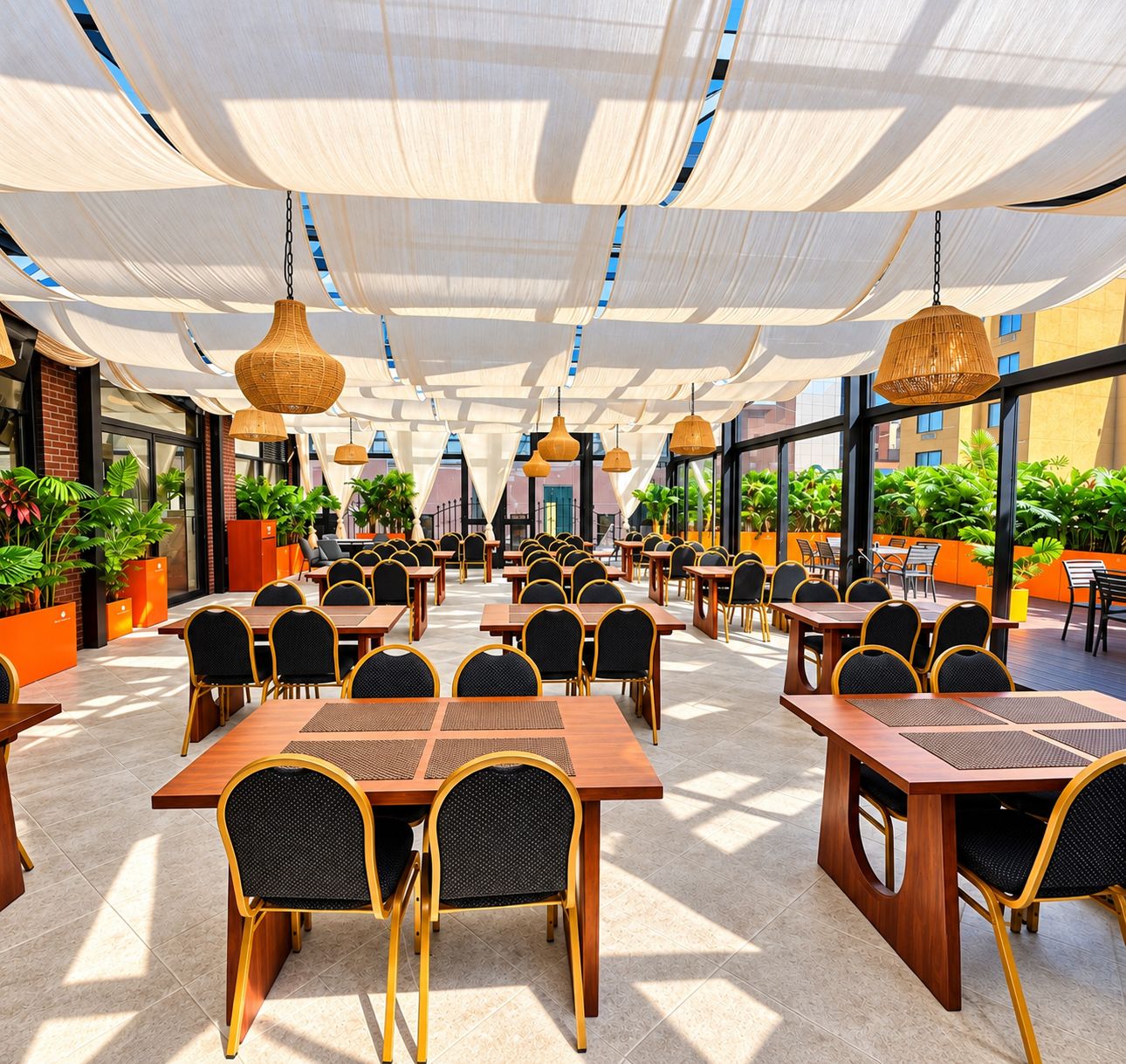 Un vaste espace extérieur aménagé pour les repas, avec plusieurs tables et chaises, entouré de plantes en pot et doté de grandes fenêtres.