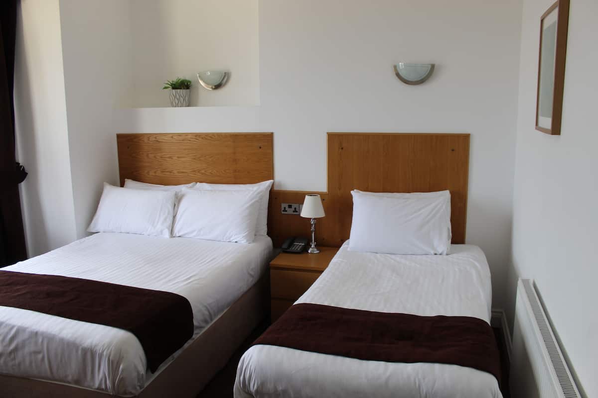 A hotel room with two single beds, each with a wooden headboard, white bedding, and a brown throw blanket. There is a bedside table with a lamp and a phone.