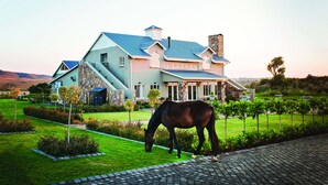 Una casa grande con fachada de piedra, techo azul y un caballo pastando en el jardín.