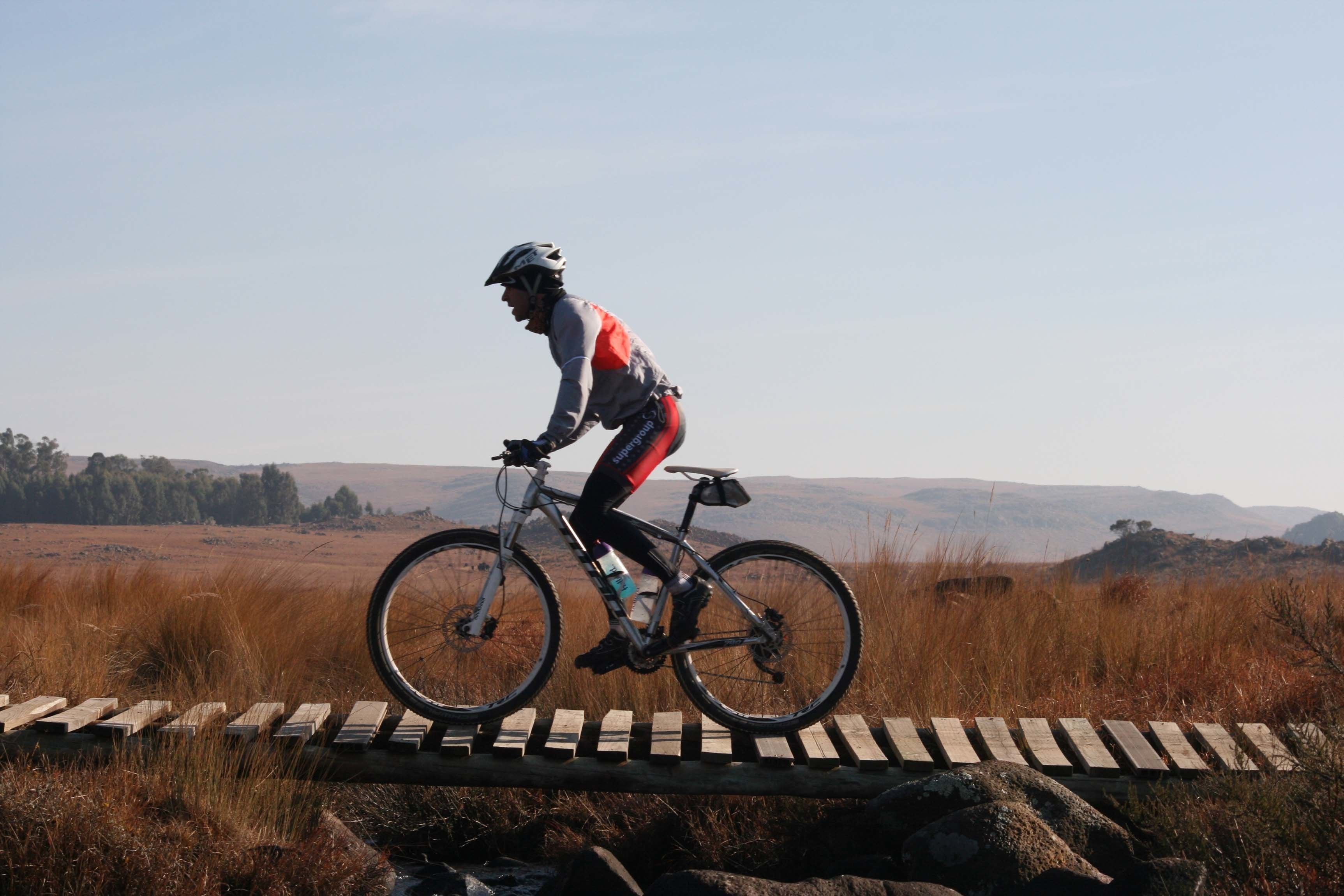 A cyclist on a mountain bike trail.