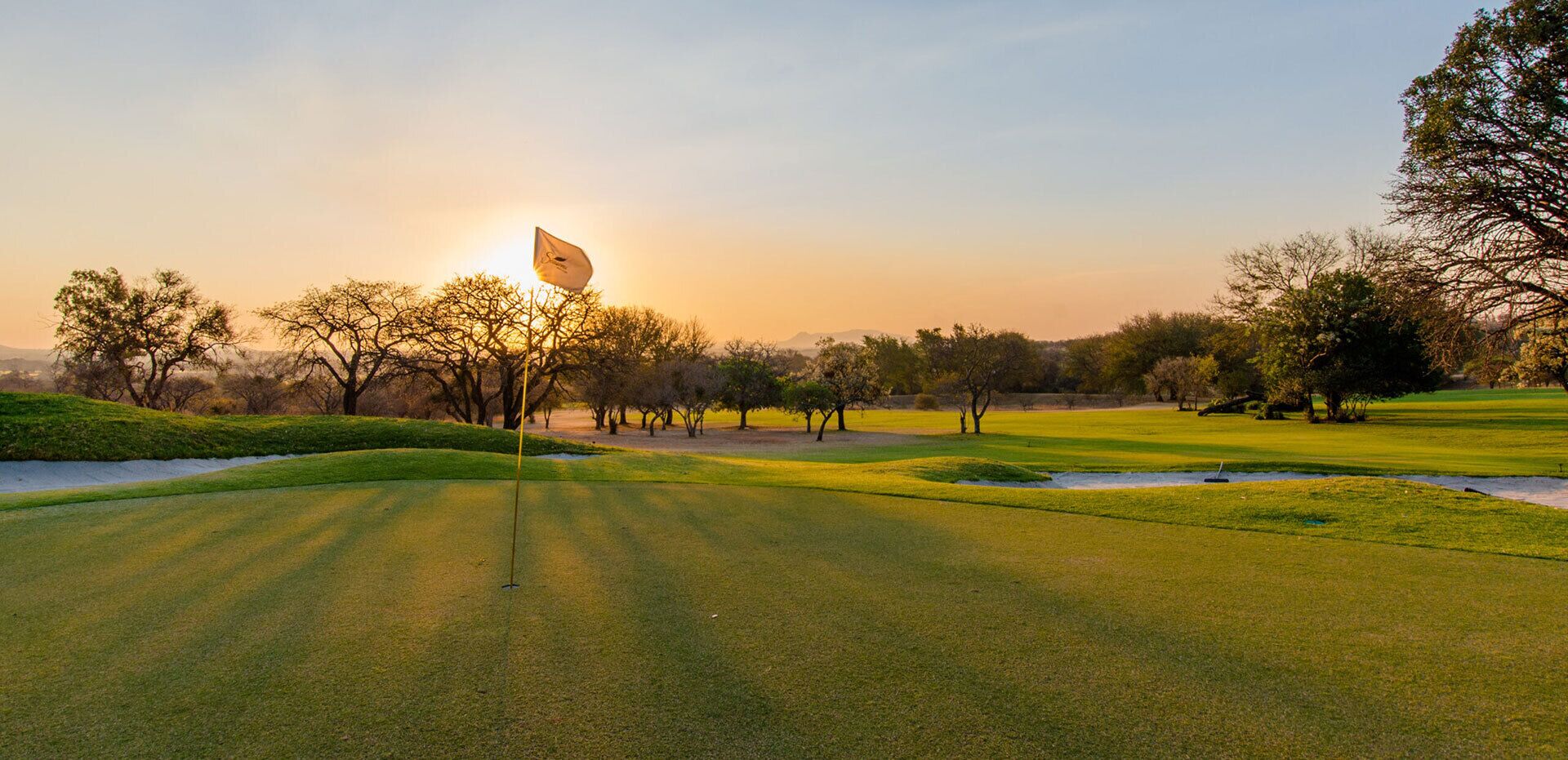 A golf course with a flagstick, trees, and a clear sky.