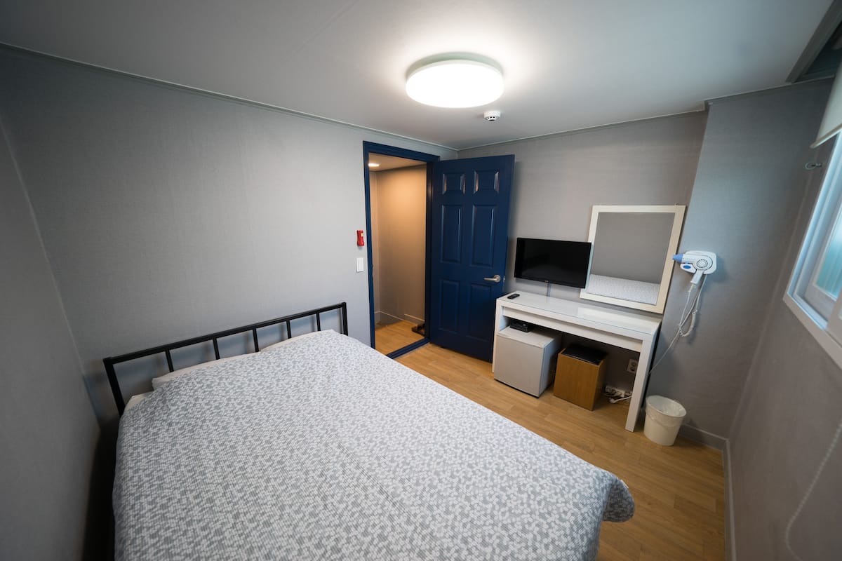 A bedroom with a bed, a desk, a mirror, and a door.