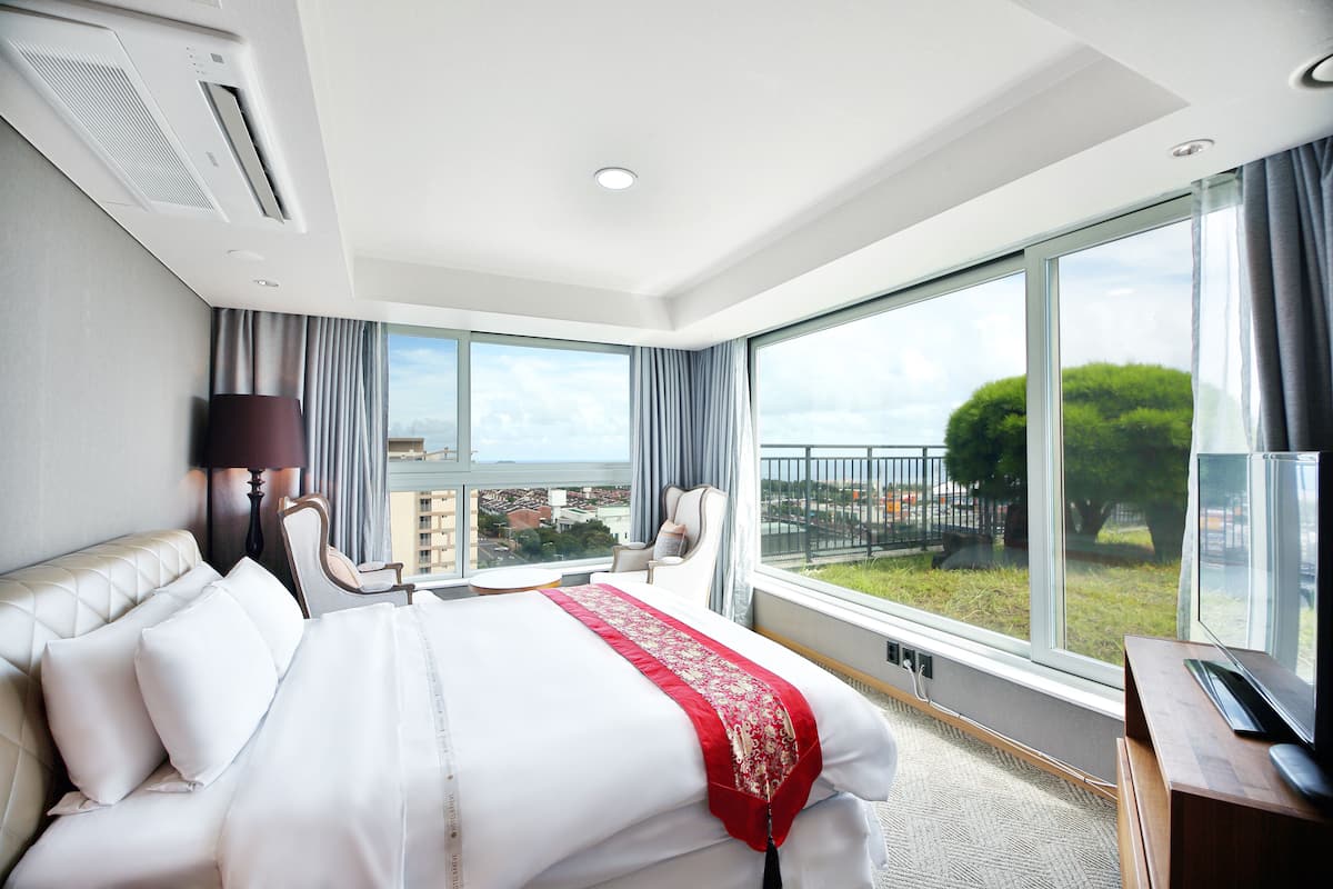 A hotel room with a large bed, a desk, and a view of the city.