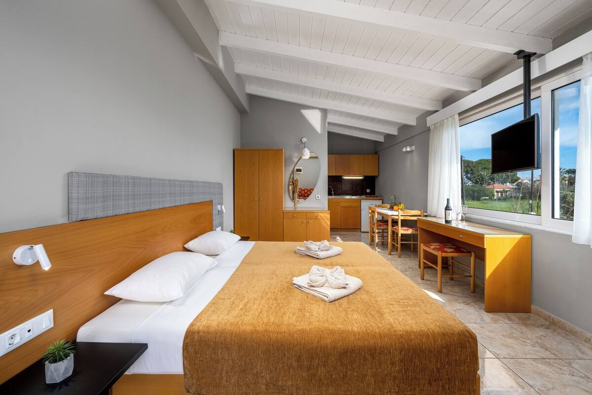 Een hotelkamer met een bed, een bureau, een stoel, een televisie en uitzicht op de omgeving.