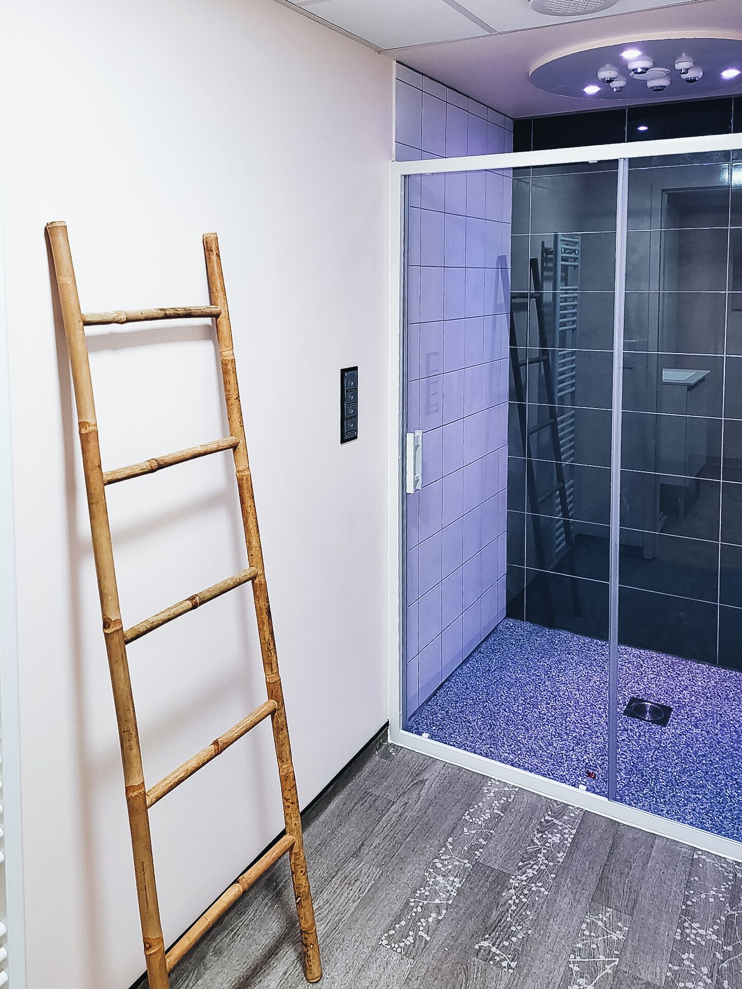 A room with a wooden ladder leaning against a wall, a sliding door with a blue-tiled interior, and a grey floor.
