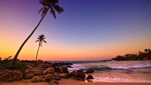 A beach with rocky terrain and palm trees at sunset. - Mandara Resort (Weligama)