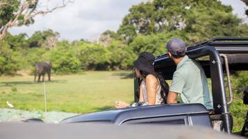 A vehicle with a roof rack, a person in a cap, and another person in a sleeveless top.