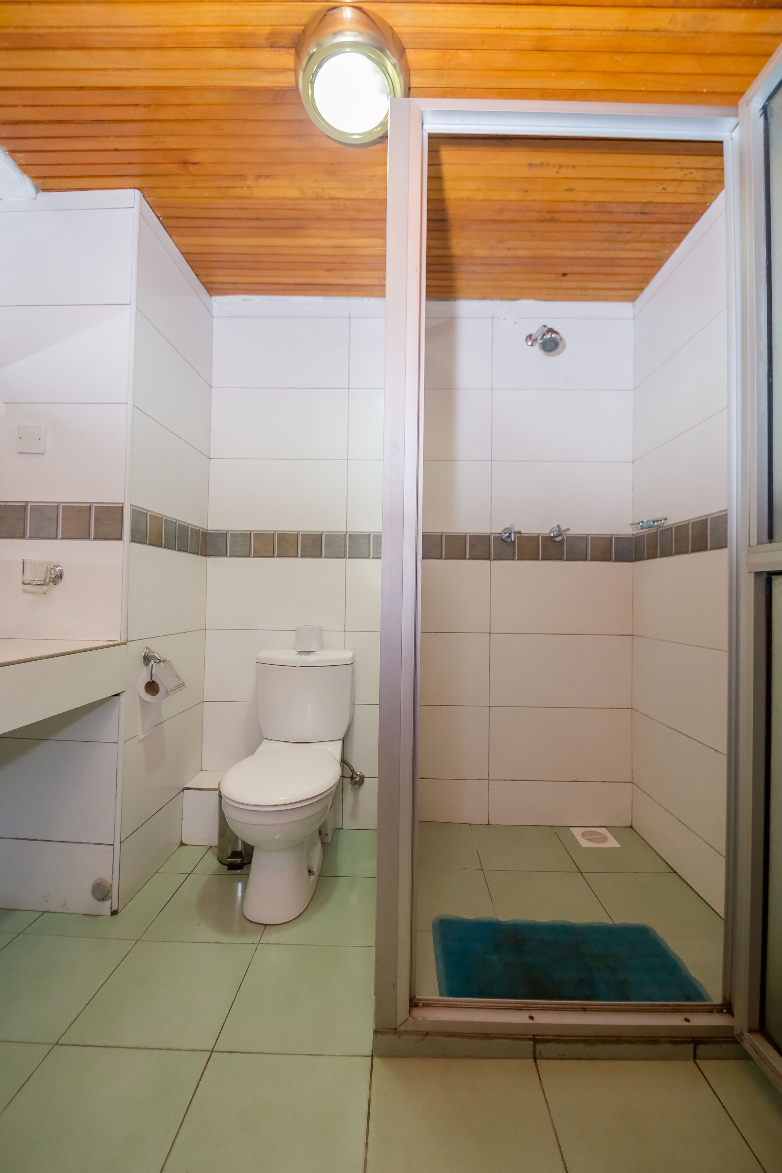 Une salle de bain avec des toilettes, une douche et un lavabo.