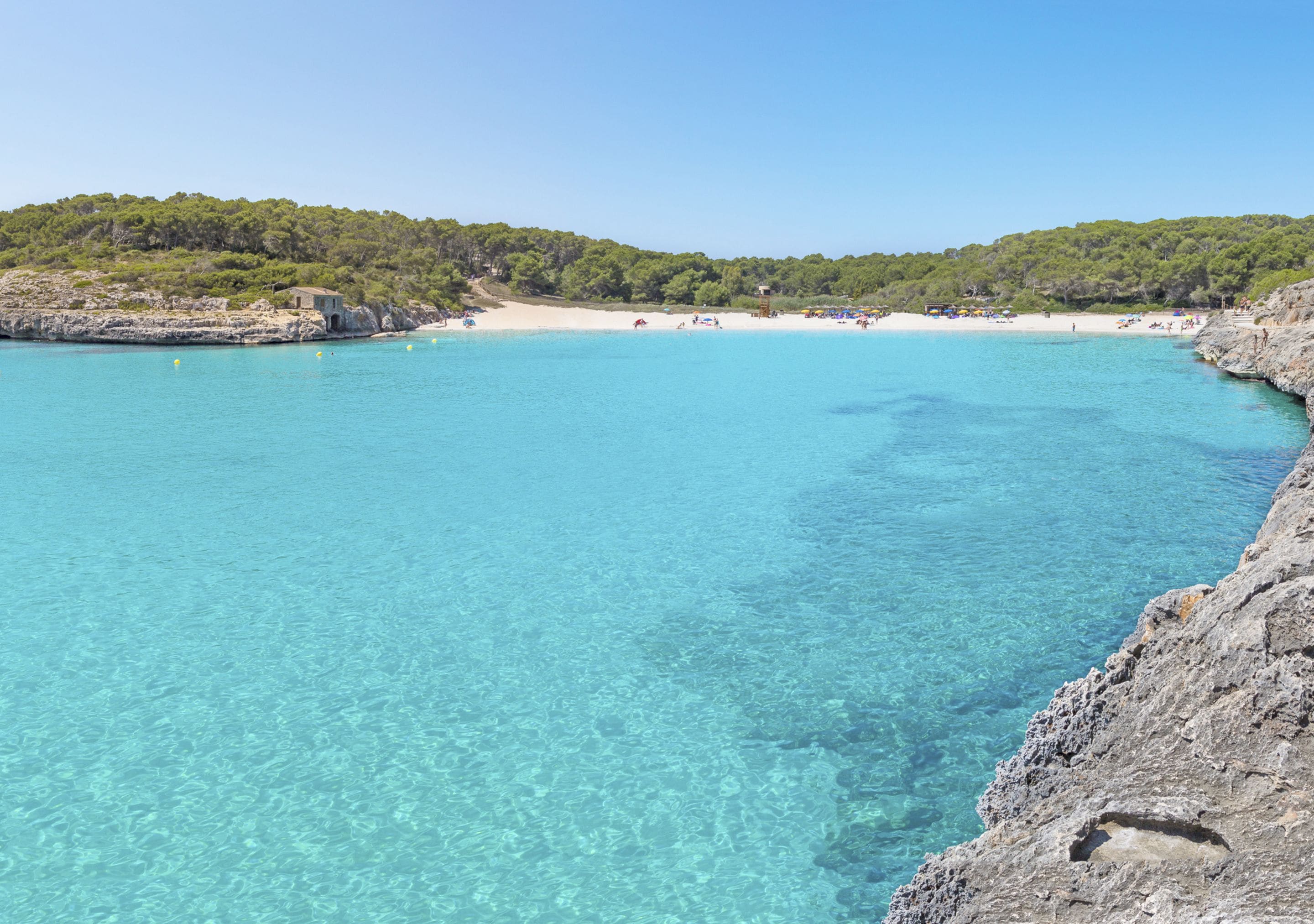 Una playa costera con aguas turquesas cristalinas, acantilados rocosos y una colina boscosa al fondo.