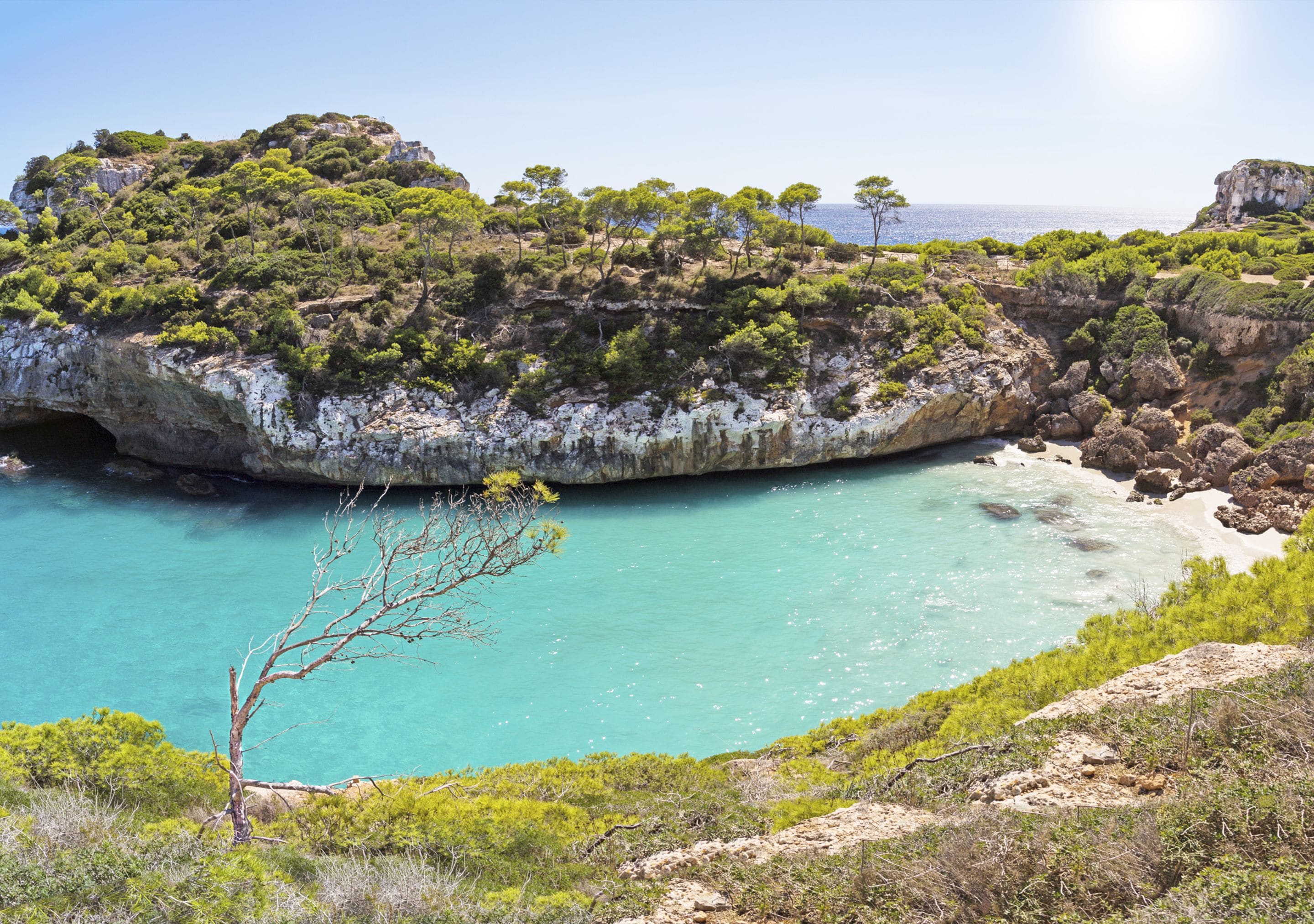 Un paysage côtier caractérisé par des falaises rocheuses, une mer turquoise et une végétation clairsemée.
